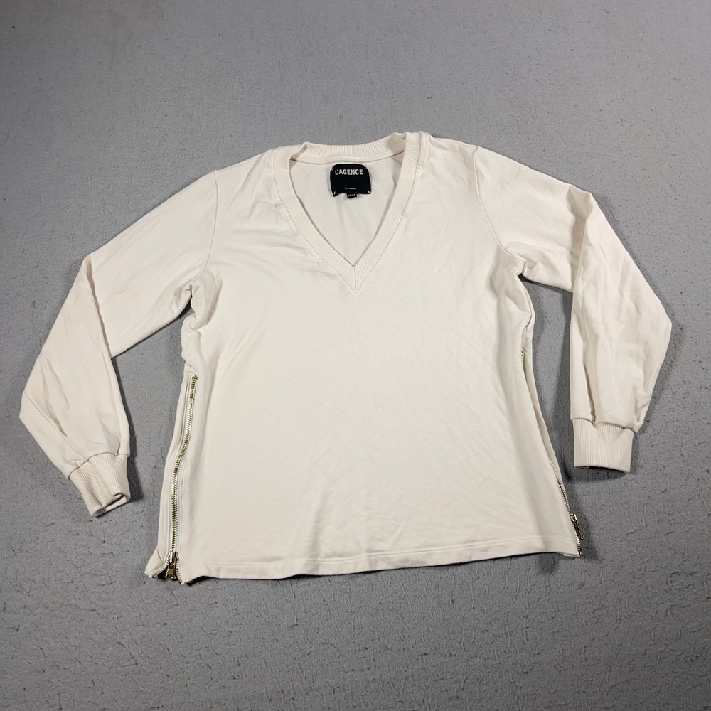 L'Agence Banks V-Neck Sweatshirt Women Medium Ivory Side Zips Casual